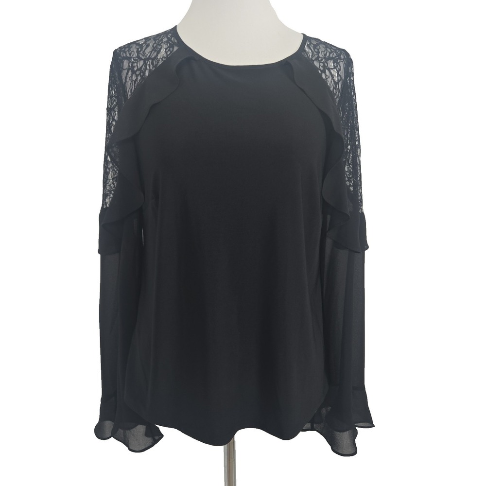 WHBM Size Medium Black Lace Ruffle Chiffon‎ Bell Sleeve Blouse Top